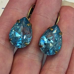 Large Sorelli Blue Crystal and Antiqued Brass Pierced Earrings